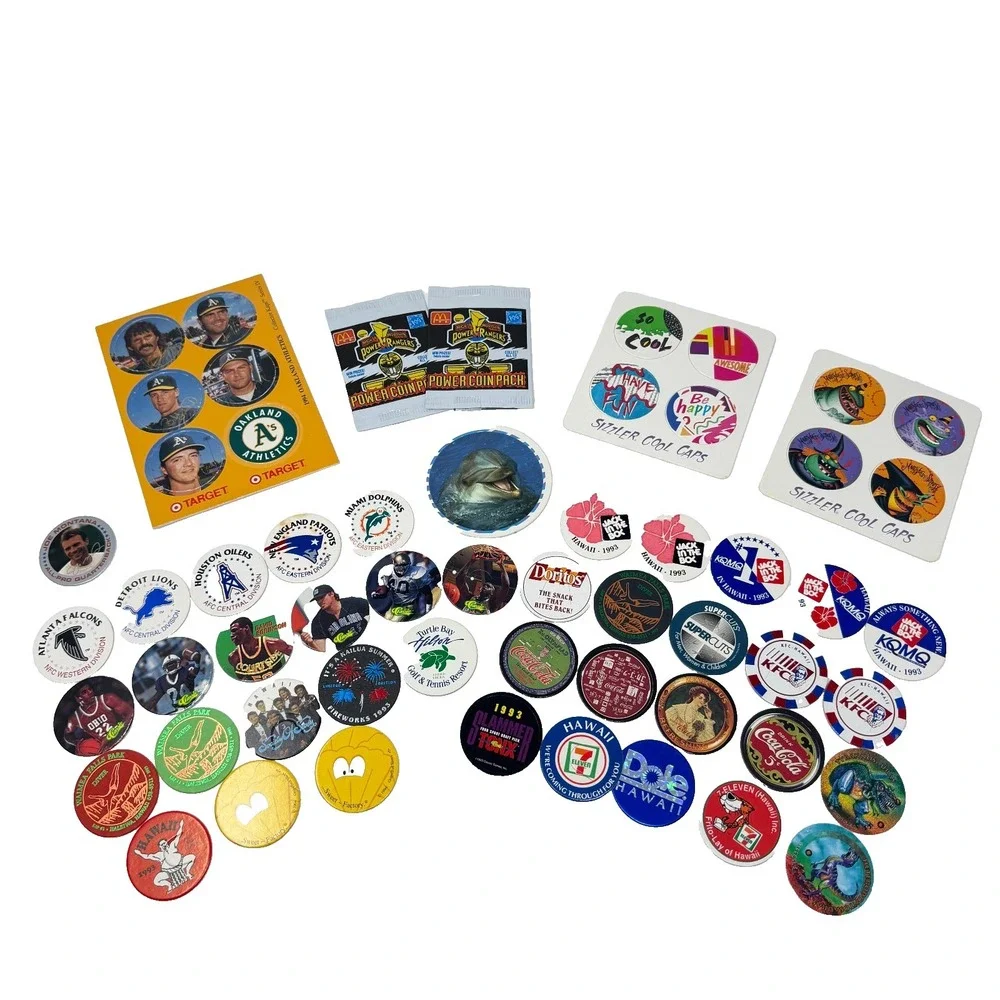 Pogs Mixed Lot 58 Count Hawaii Oakland Athletics Coca Cola McDonalds 7 Eleven